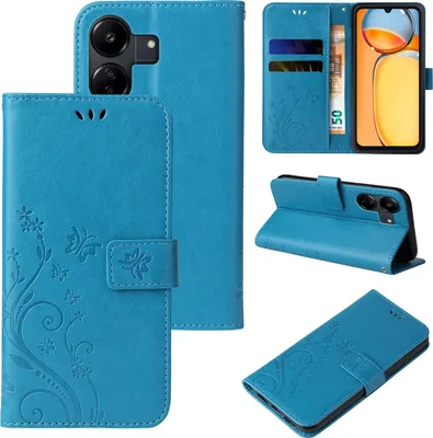 A collage of images showing a blue floral and butterfly patterned flip phone case from different angles.