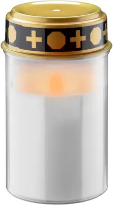 Zdjęcie produktu dla Lampa nagrobkowa LED No-Name 77771, biała, biało-złota - z realistycznym knotem 3D, ciepła biel (2400 K), zasilana bateryjnie (2x AA), do użytku wewnątrz i na zewnątrz (IP44)