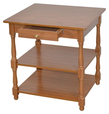 A wooden side table with a drawer and two shelves, shown from a three-quarter angle against a white background.