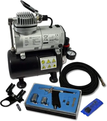Produktbild von Airbrush-Kompressor-Set für Anfänger, mit Druckbehälter, 1 Airbrush-Pistole und umfangreichem Zubehör