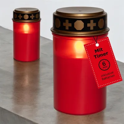 Produktbild von Novaliv 2 Stück Grablichter LED mit Batterie und Timer 6/18 Grablichter rot Dauerbrenner Grablicht LED Kerzen flackernde Flamme Friedhofskerze Gedenkkerze Grablaterne Ewiges Licht Trauerkerze