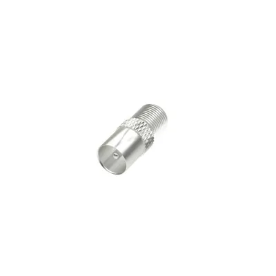 A close-up studio shot of a single silver coaxial connector against a white background.