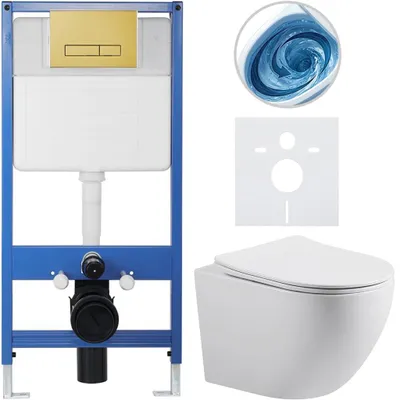 Obrázek produktu pro CERANO - Kompletní podomítkový WC set Lite/Cesso - bílá lesklá - WC tlačítko Slim, zlatá - předstěnová instalace/sádrokarton - 49x36 cm