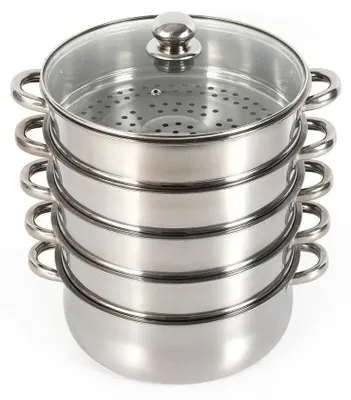Produktbild von Dampftopf aus Edelstahl - Dampfgarer 26 cm - 5 Etagen - Glasdeckel - Dreischichtboden - Für Alle Herdarten - Gelb