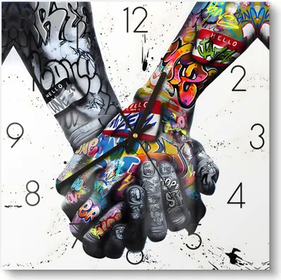Produktbild von DEQOART Glasuhr 30x30 cm Zahlen 'Griff der Kunst' Wanduhr Glas Uhr Design leise Küchenuhr