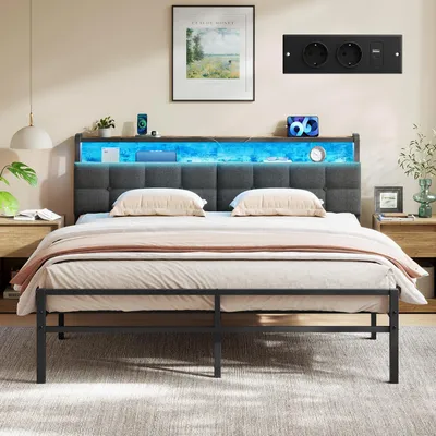 Productafbeelding van VASAGLE metalen bed, 160 x 200 cm, met hoofdeinde, opbergruimte en LED-verlichting
