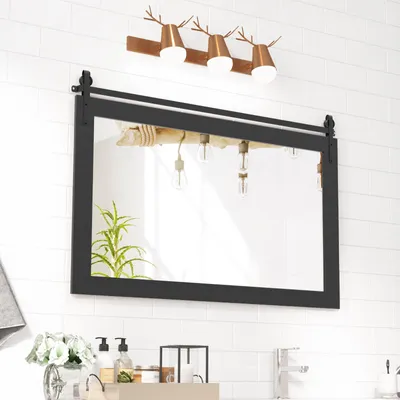 Productafbeelding van FANTASK rechthoekige spiegel met houten frame, wandspiegel in rustieke stijl