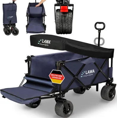Produktbild von klappbarer Bollerwagen faltbar mit Dach 100kg Tragkraft mit Bremse breite Räder Handwagen Transportkarre Hunde Transportwagen Einkaufswagen Blau