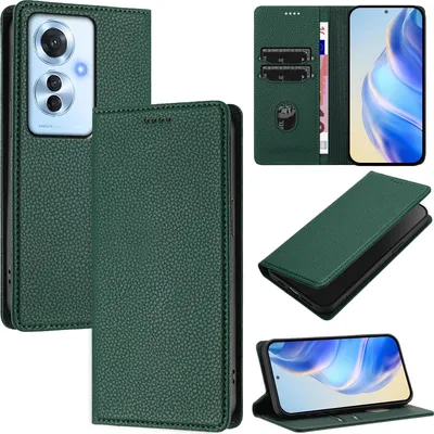 Produktbild von Litchi Leder Handyhülle für Oppo Reno11 F Wallet Kartenfächer Standfunktion Hülle Grün