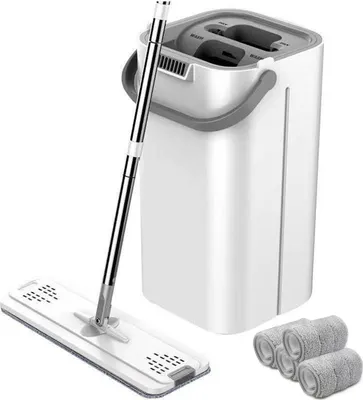 Produktbild von Wischmopp- und Eimer-Set mit Wringer – Freihändiges Flachwischsystem mit 3 waschbaren Mikrofaserpads für alle Bodenarten und Fenster