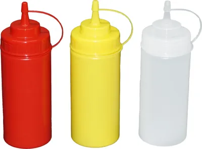 Produktbild von Je 1 Stück rot, gelb, transparente Quetschflaschen 0,49 Liter Dosierflasche Spenderflasche Dressingflasche