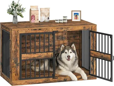 Produktbild von Hundekäfig Möbel, 120 cm Hundebox für Zuhause mit 4 Türen, XXL Hundebox Möbel, Moderne Hundebox Holz Indoor für Mittlere/Große Hunde, 120 x 75,5 x 87 cm, Vintage Braun 9220101B