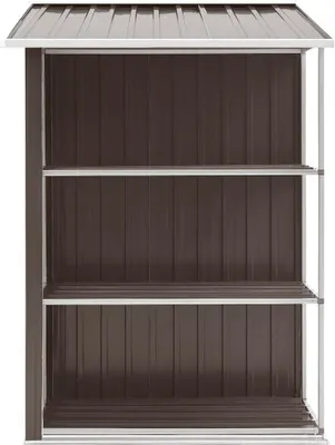 A brown metal garden shed with three shelves, viewed from the front.
