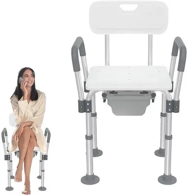 Produktbild von Alu Hygienischer Toilettenstuhl Höhenverstellbarer Duschstuhl,mit Abnehmbaren Armlehnen Rückenlehne,Duschhocker Rutschfester Bis 150 KG