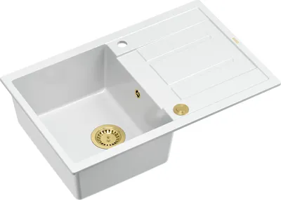 Obrázok produktu pre Kuchynský drez QUADRON s 1 misou | Rozmery: 78 x 50 x 22 cm | MORGAN 111 | Kuchynský drez GraniteQ so sifónom | Biela a zlatá