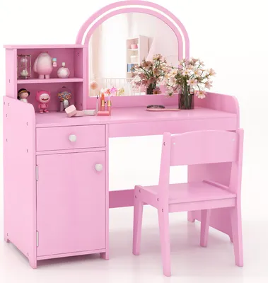 Produktbild von Costway Rosa Kinder Schminktisch Set, 2-in-1 Funktion, mit Hocker, LED-Spiegel, aus MDF, mit stoß- und splitterfreiem Acrylspiegel, inkl. Kippschutz, 80 x 41 x 94 cm (L x B x H)