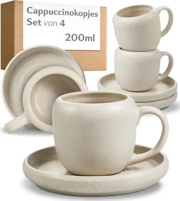 Cappuccinotassen 4er-Set 200 ml Weiß Keramik mit Untertasse
