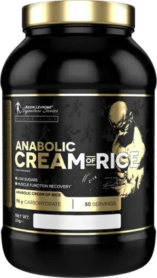 A black and gold tub of protein powder with a graphic of a muscular man.