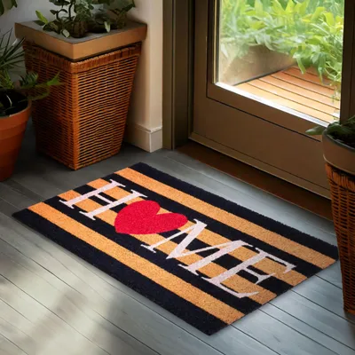 Image de Paillasson BRUBAKER pour l'extérieur et l'intérieur - Home avec cœur - 45 x 75 cm Tapis de propreté 100% coco - Paillasson rayé Résistant aux intempéries et antidérapant