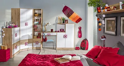 Produktbild von Jugendzimmer Kinderzimmer Komplett - Set C Fabian, 6-teilig, Farbe: Eiche Hellbraun / Weiß / Rosa
