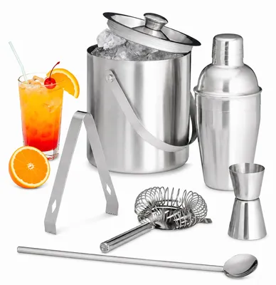 Produktbild von 7 teiliges Cocktail Mix-Set, für Hobby Barkeeper, Shaker mit Abseiher, Eiszangen, Barsieb, Barmaß, Eiseimer, Löffel