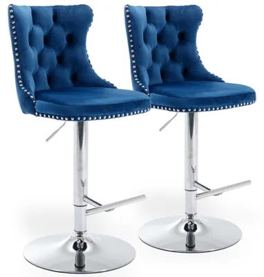 Image de Lot de 2 tabourets en velours, réglables en hauteur de 63 à 84 cm, pivotants à 360°, avec dossier, repose-pieds et base circulaire, couleur bleu