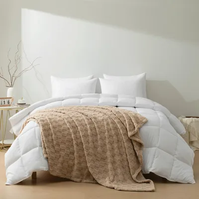 Productafbeelding van 2-in-1 Dekbed en Deken Set - Wit en Donkerbeige