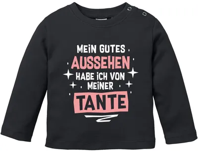 Produktbild von Baby Langarm-Shirt Mein gutes Aussehen hab ich von meiner Tante / meinem Onkel lustige Sprüche Babyshirt Jungen Mädchen Moonworks® Tante schwarz 68/74 (4-9 Monate)