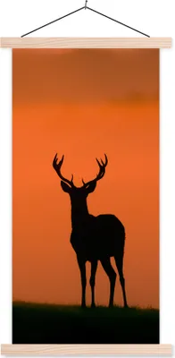 Produktbild von MuchoWow® Textilposter Hirsch - Scherenschnitt - Nebel 60x120 cm mit holzfarbenen Rahmen - Holz