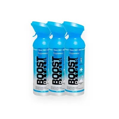 Obrázok produktu pre Boost Oxygen Čistý kyslík v plechovke - 27 litrov Mäta pieporná, 95 % čistý kyslík v troch prenosných 9-litrových plechovkách na viac ako 4