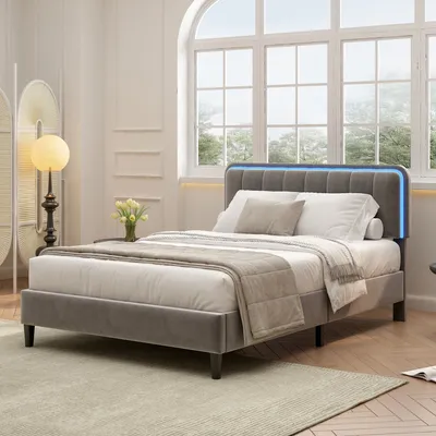 Produktbild von Polsterbett Nachttisch mit farbwechselnden LED-Lichtern, Samtstoff, 140*200, Doppelbett Jugendbett Flachbett mit Lattenrost, Grau