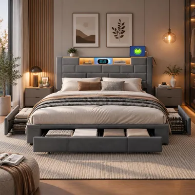 Image de Lit tapissé INONEFT 160x200 cm avec éclairage LED et ports USB, lit double pour adolescents avec 3 tiroirs, structure de lit avec sommier à lattes, tissu velours gris, Image générée par une IA