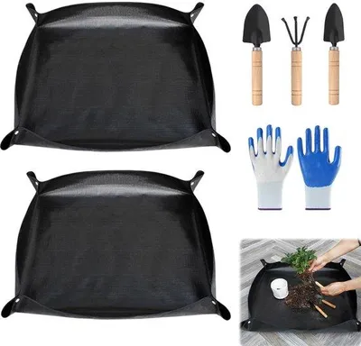Immagine prodotto di Tappetino impermeabile da giardino per giardinaggio, 2 pezzi da 100x100 cm, per il trapianto di piante con attrezzi da giardino. Tappetino pieghevole per piante grasse e coltivazione da interno (nero)