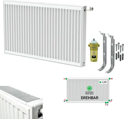 A collage of images showing a white radiator, its components, and a diagram.