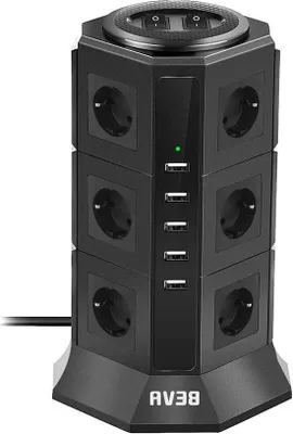 Image de Multiprise 12 prises, 5 ports USB, multiprise, protection contre les surcharges, 2 interrupteurs, câble de 2 m, 2500 W