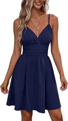 Productafbeelding van Blauwe dames mini-jurk met V-hals, spaghettibandjes en elastische taille, geschikt voor strand en vakantie