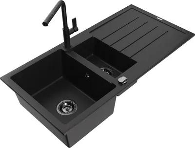 Produktbild von Mexen Andres 1,5-Becken-Granitspüle mit Abtropffläche und Mischbatterie Flora, Schwarz - 6515-77-670401-70-B