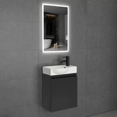 Produktbild von Alpenberger Waschbecken mit Unterschrank Gäste WC 45 cm LED Spiegel Kleiner Waschtisch mit Unterschrank hängend & LED Spiegel 45x70 cm Touch: Keramik, MDF, Soft-Close Tür, Überlauf – Gäste WC