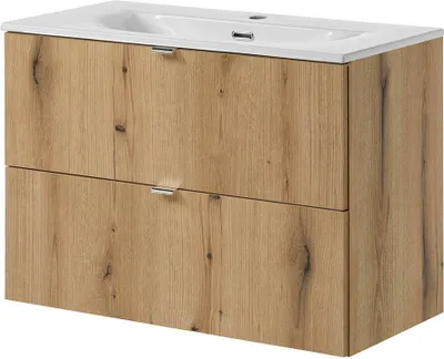 Zdjęcie produktu dla Umywalka z szafką podumywalkową i umywalką 'Skelbolu' 80 x 57 x 39 cm w kolorze dębu