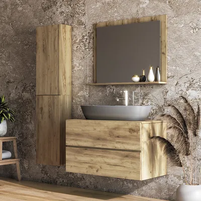 A modern bathroom vanity with a sink and mirror, set against a textured wall.