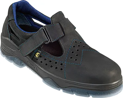A single black safety shoe with blue stitching and blue interior lining, shown from a three-quarter angle against a white background.