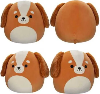 A collage of four images showing a plush dog toy from different angles.