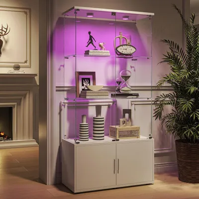Image de Vitrine d'exposition avec éclairage LED, 4 niveaux, 2 portes verrouillables, en bois et en verre, de couleur blanche