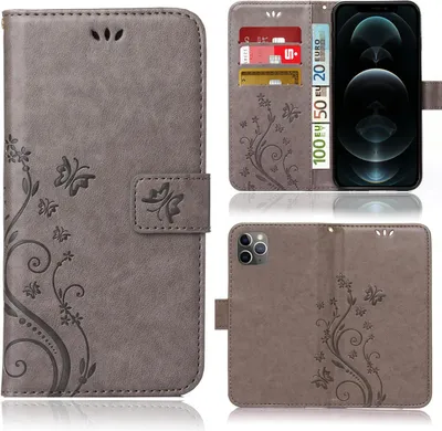 A collage of images showing a grey flip phone case with a floral and butterfly design, with different views and angles.