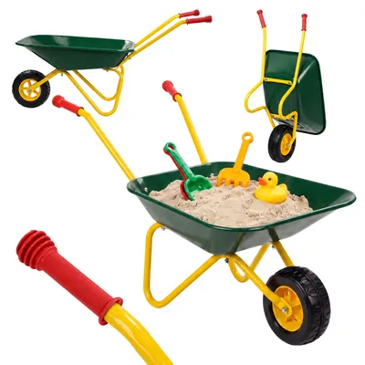 Produktbild von Relaxdays Schubkarre Kinder, rutschfeste Griffe, HxBxT: 43 x 74 x 36 cm, Metall, Kunststoff, Kinder-Scheibtruhe, grün