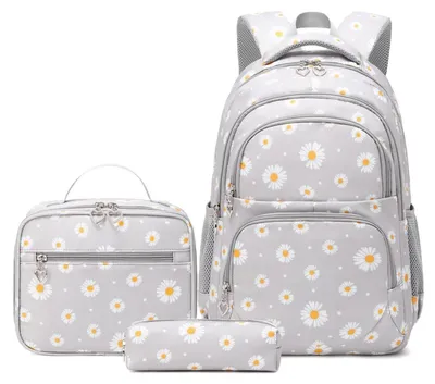 Image de Ensemble de sac à dos pour filles, adolescentes, pour l'école primaire, de couleur grise, comprenant un sac à déjeuner et une trousse