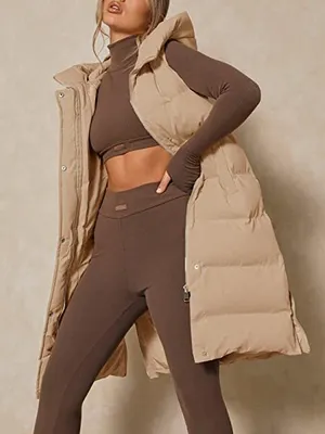 Produktbild von ASKSA Damen Daunenweste Mantel Wintermantel mit Kapuze Ärmellose Länge Steppjacke, Khaki, 2XL