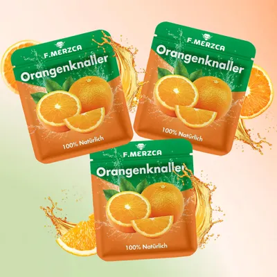 Three pouches of orange-flavored candy with oranges and orange juice splashes.