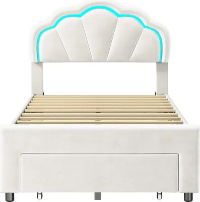 Produktbild von CDGlobal Polsterbett 90x200cm mit Steckdosen, Jugendbett Einzelbett  mit 1 Schubladen, Stauraumbett Massivholzbett mit LED und Lattenrost für Damen Kinder Jugend