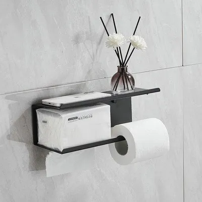 Zdjęcie produktu dla Ibenzoa® Wielofunkcyjny uchwyt na papier toaletowy z podwójną półką – otwarty pojemnik na rolkę, antypoślizgowa półka, metal z wodoodporną powłoką, montaż za pomocą kleju i śrub, idealny do łazienki i kuchni